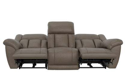 Taupe reclining sofa with extended footrests on both sides and center headrest