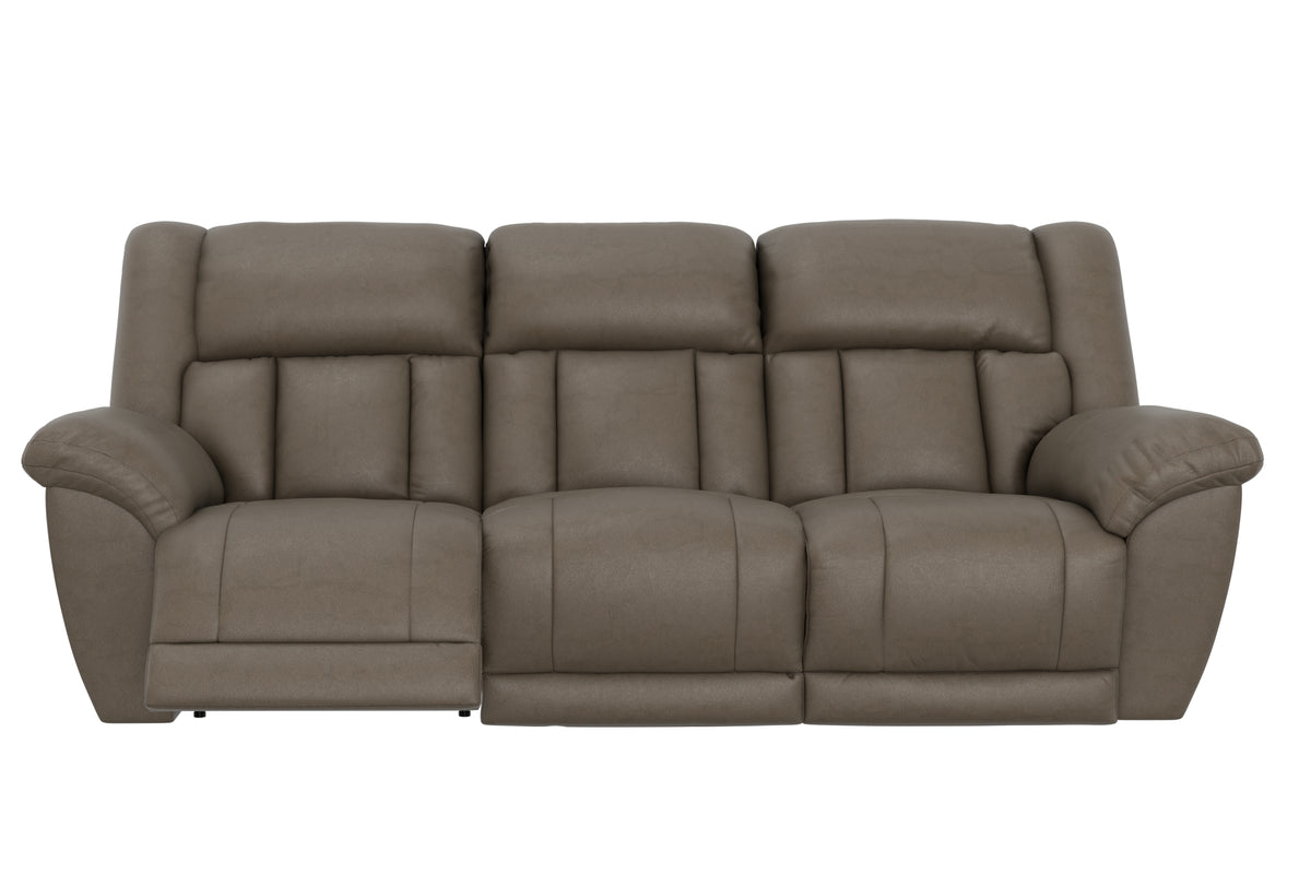 Taupe reclining sofa close front view with quilted cushion sections and arms