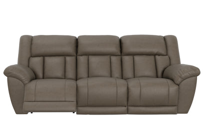 Taupe reclining sofa close front view with quilted cushion sections and arms