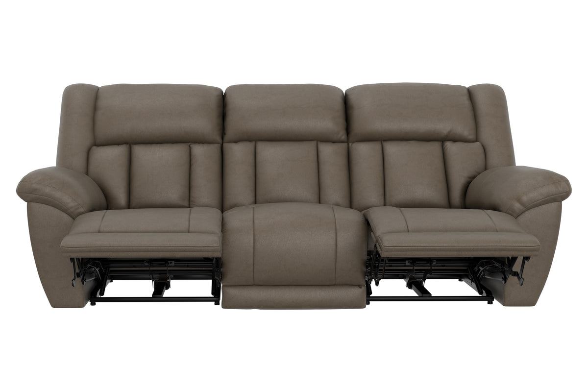 Taupe reclining sofa front view with padded armrests and lowered footrests