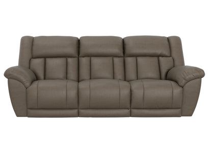 Taupe reclining sofa with padded arms and three center seat cushions