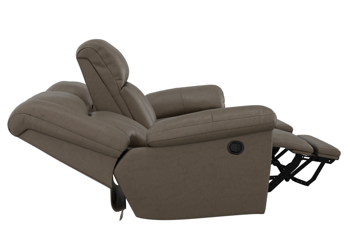 Taupe reclining sofa with extended leg rest, tall back, and side control button
