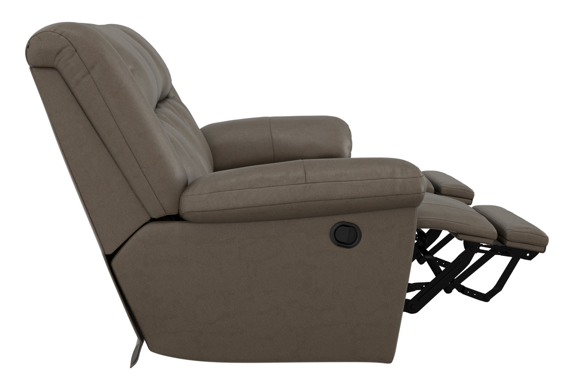Taupe reclining armchair sofa with open leg rest and side round control button