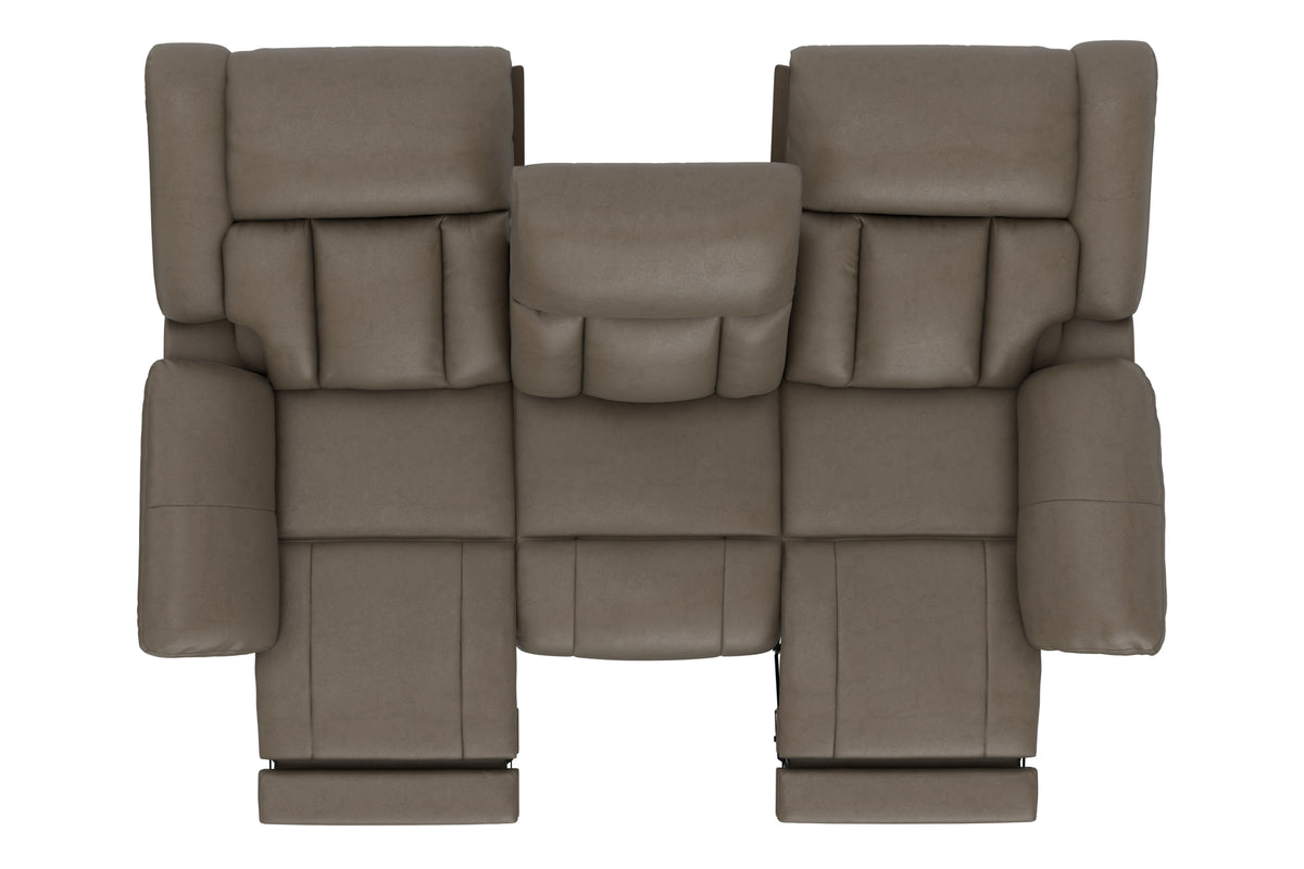 Taupe sectional sofa with six padded panels, center seat, and wide armrests