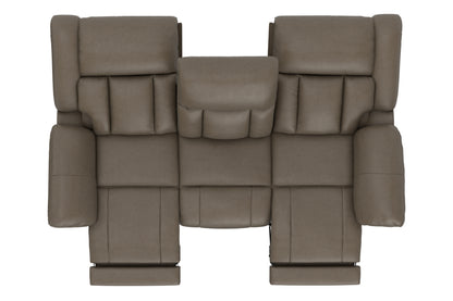 Taupe sectional sofa with six padded panels, center seat, and wide armrests