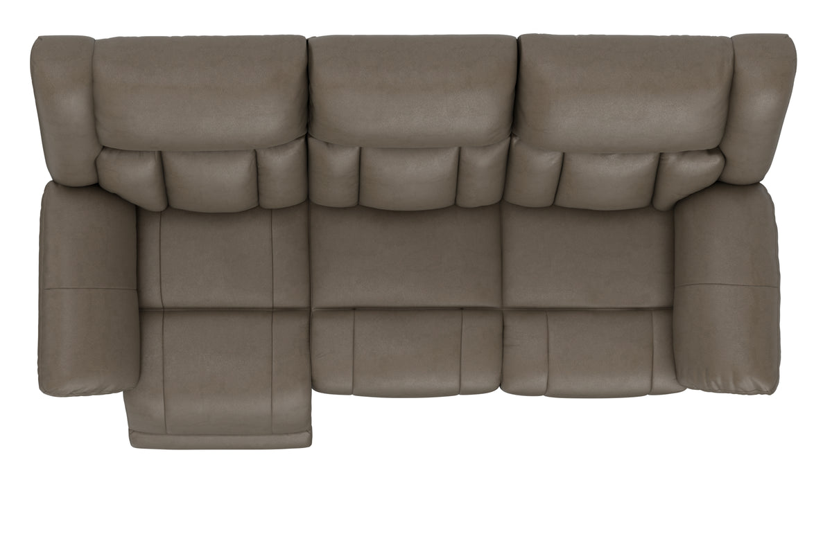 Taupe sectional sofa with tufted seat cushions and tall back pillows