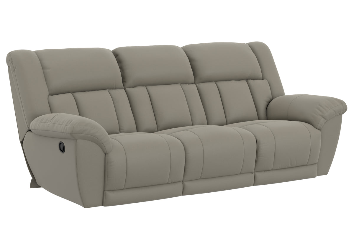 Light taupe reclining sofa front angled view with tufted back panels and upholstered base.