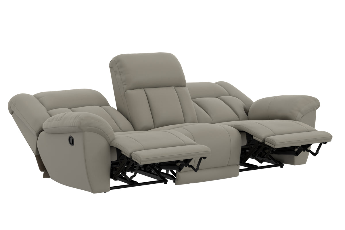 Light taupe reclining sofa with extended footrest and split seat cushions, angled view.