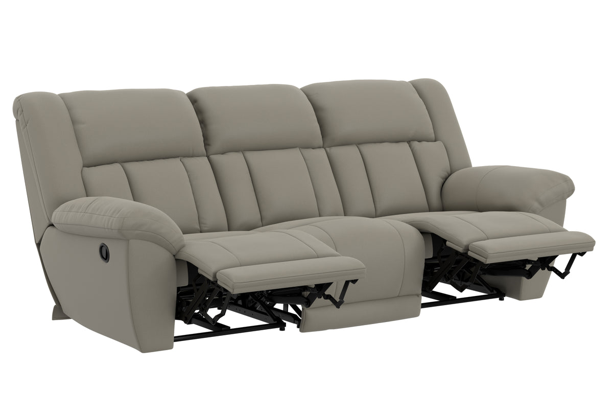 Taupe reclining loveseat with footrests extended and visible reclining mechanism
