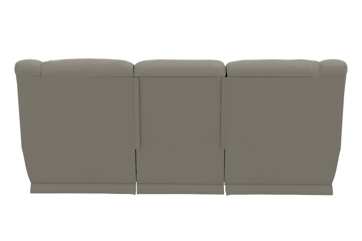 Taupe upholstered loveseat back view with smooth panel seams and padded arm sections