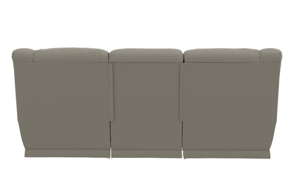 Taupe upholstered loveseat back view with smooth panel seams and padded arm sections