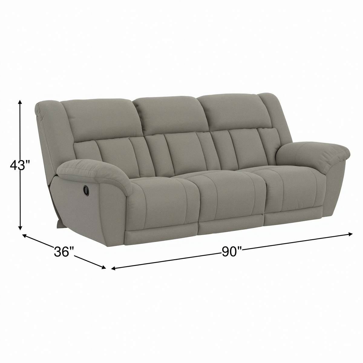 Taupe reclining sofa dimensions view: 90in wide, 43in high, 36in deep