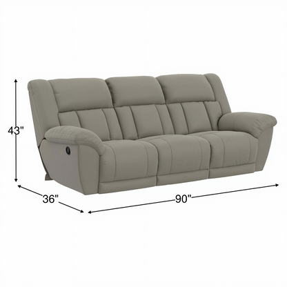 Taupe reclining sofa dimensions view: 90in wide, 43in high, 36in deep