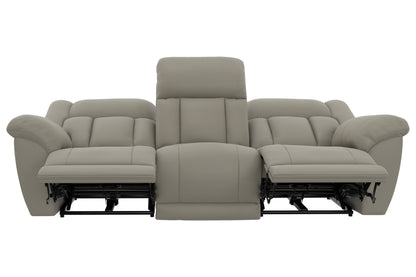 Taupe reclining sofa with extended footrests and central headrest