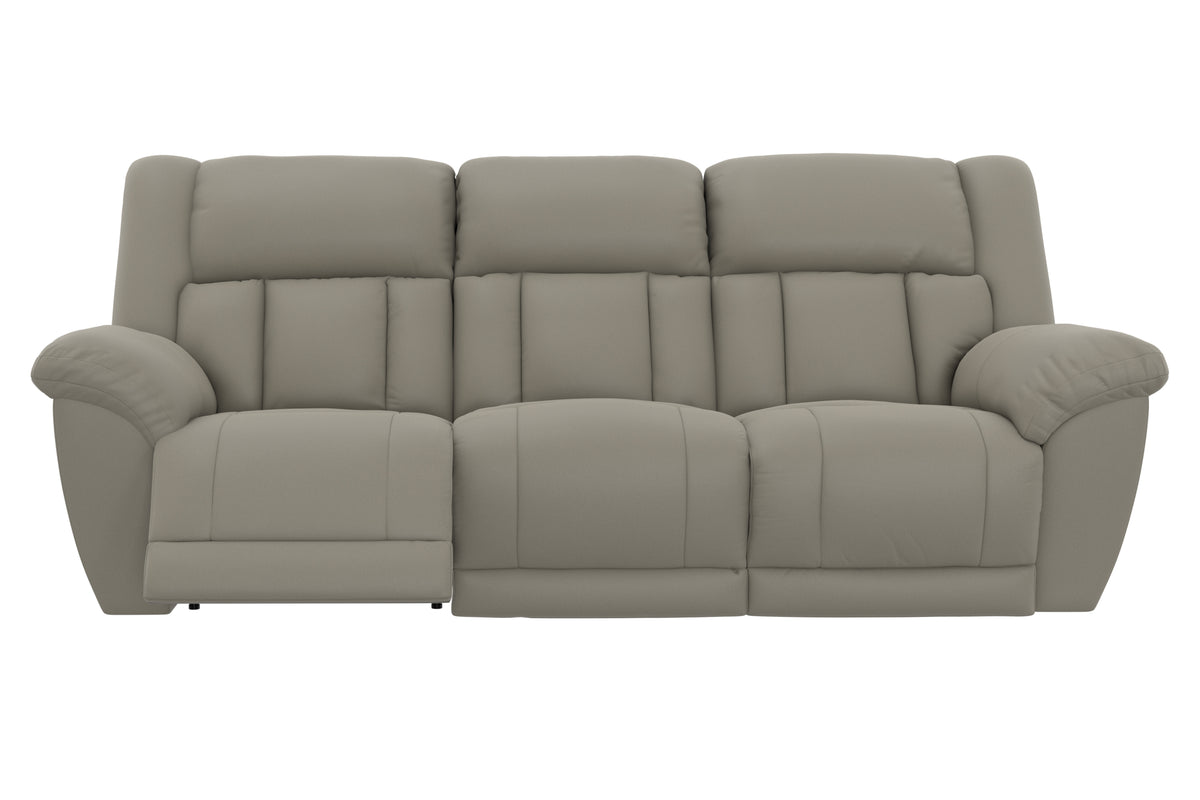 Light taupe reclining sofa front view with three-seat cushion styling and padded arms.