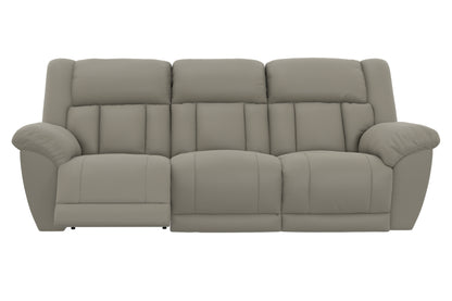 Light taupe reclining sofa front view with three-seat cushion styling and padded arms.