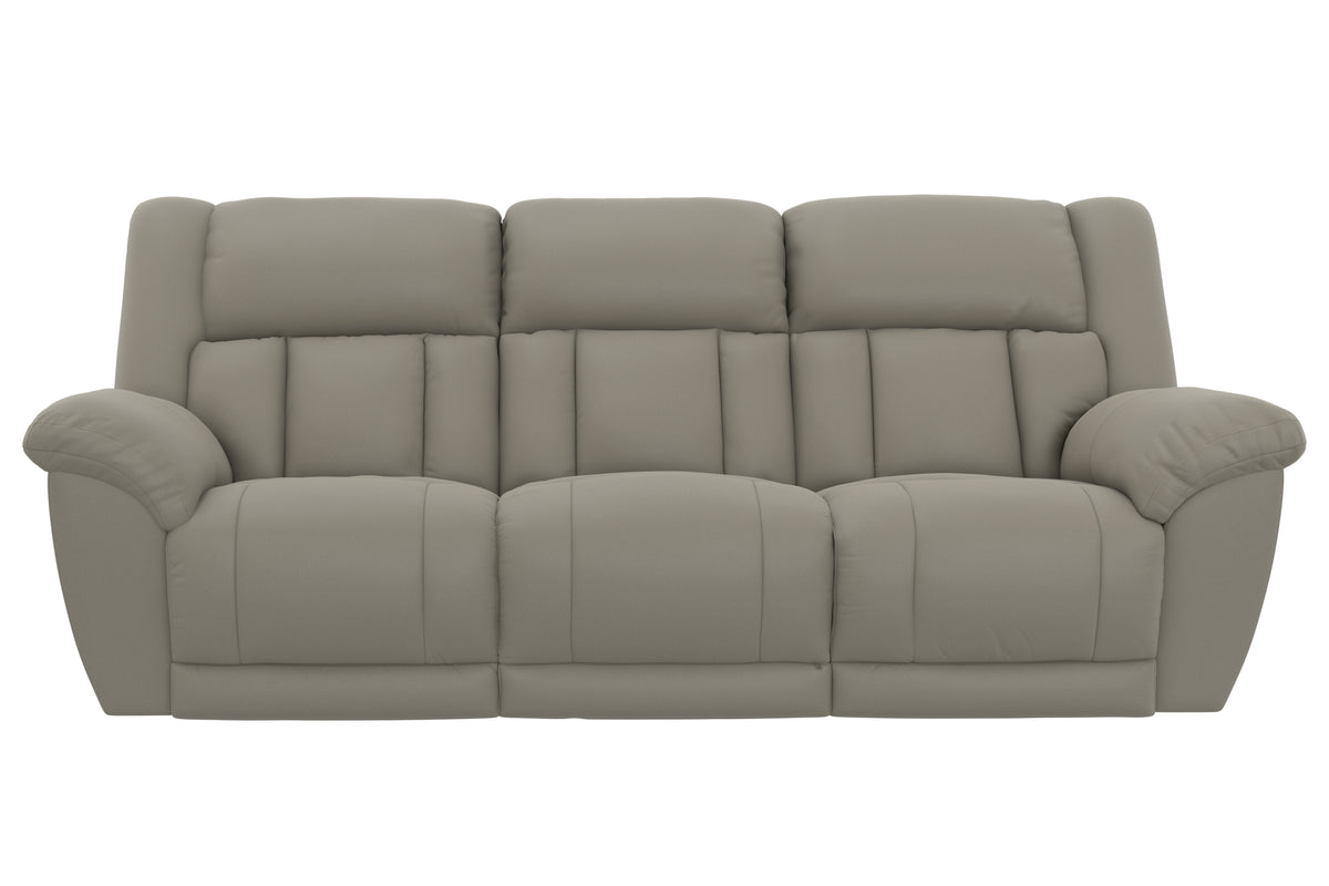 Taupe reclining sofa with padded back cushions and rolled arms