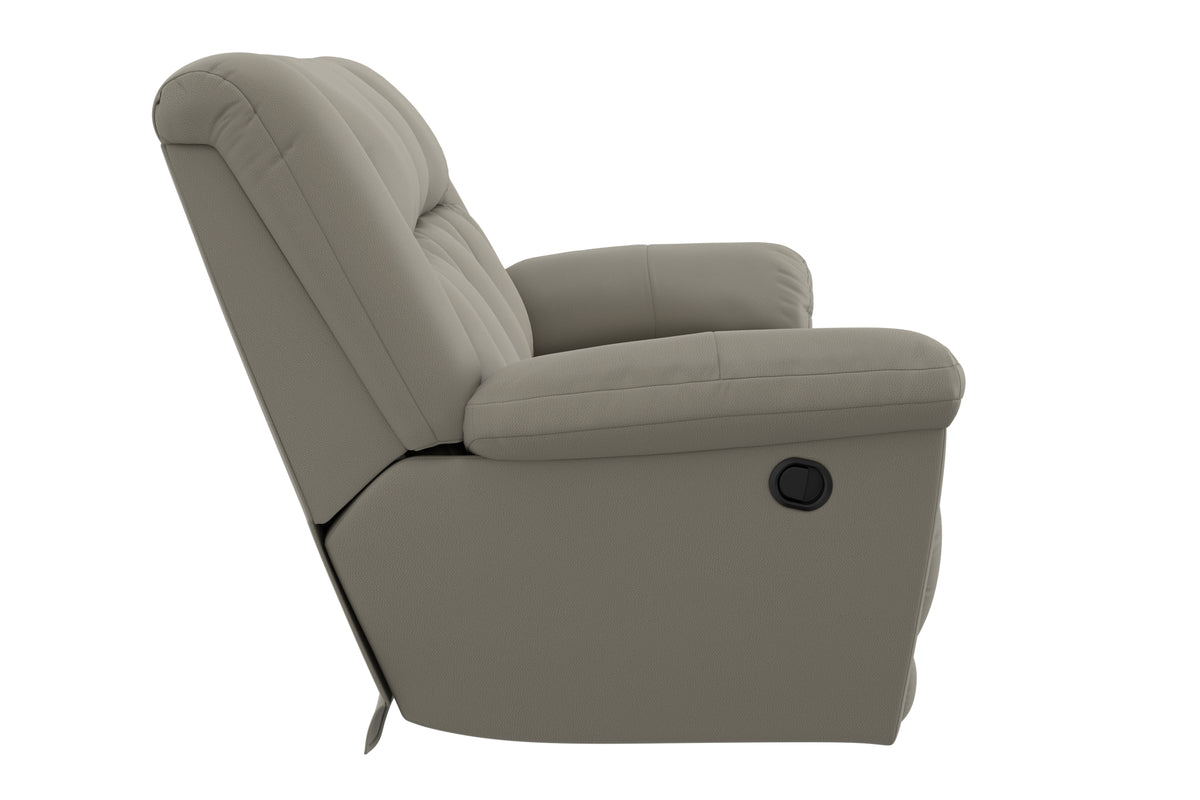 Taupe recliner sofa with side profile, tall backrest, and round control dial