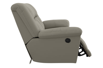 Light taupe reclining sofa side view with tall back cushion and circular control detail.