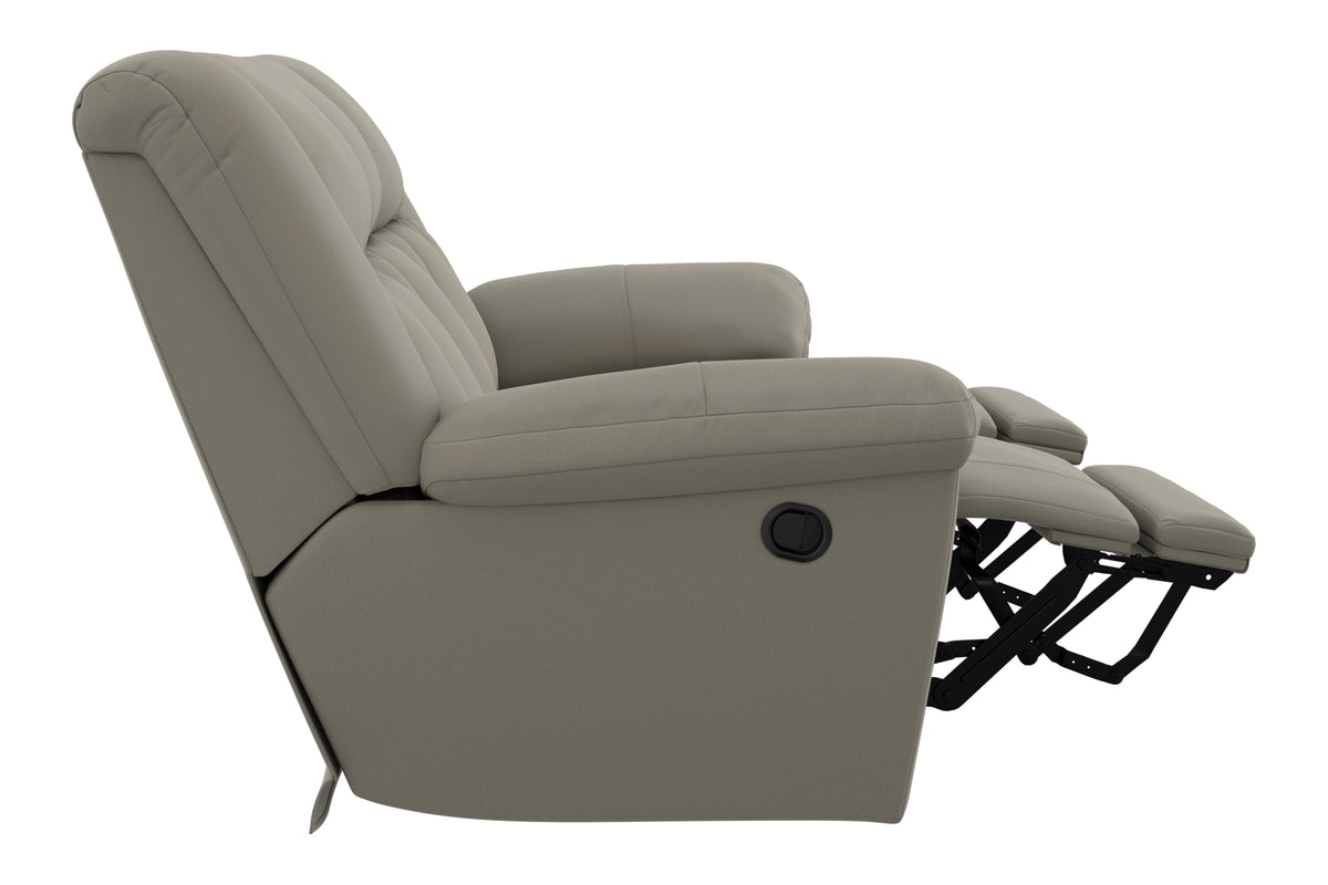 Taupe recliner loveseat in side view with headrest and round side control knob