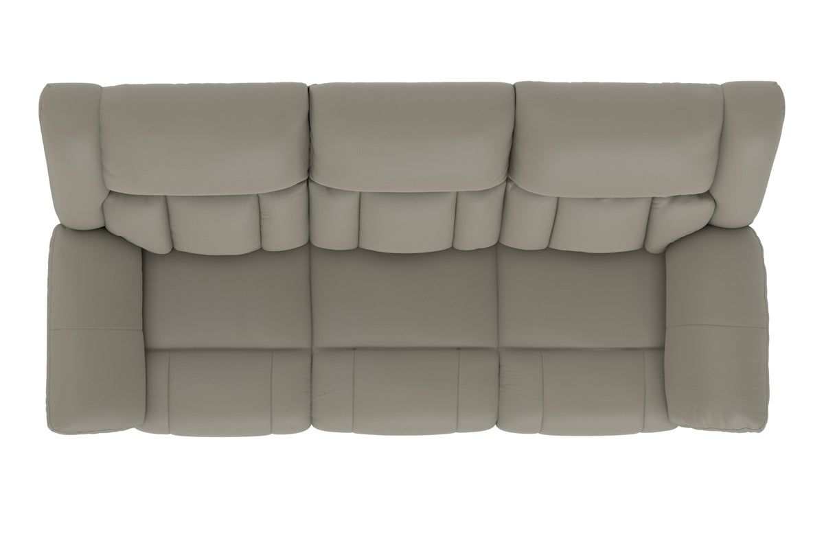 Light taupe reclining sofa back view with tufted, segmented back cushions.