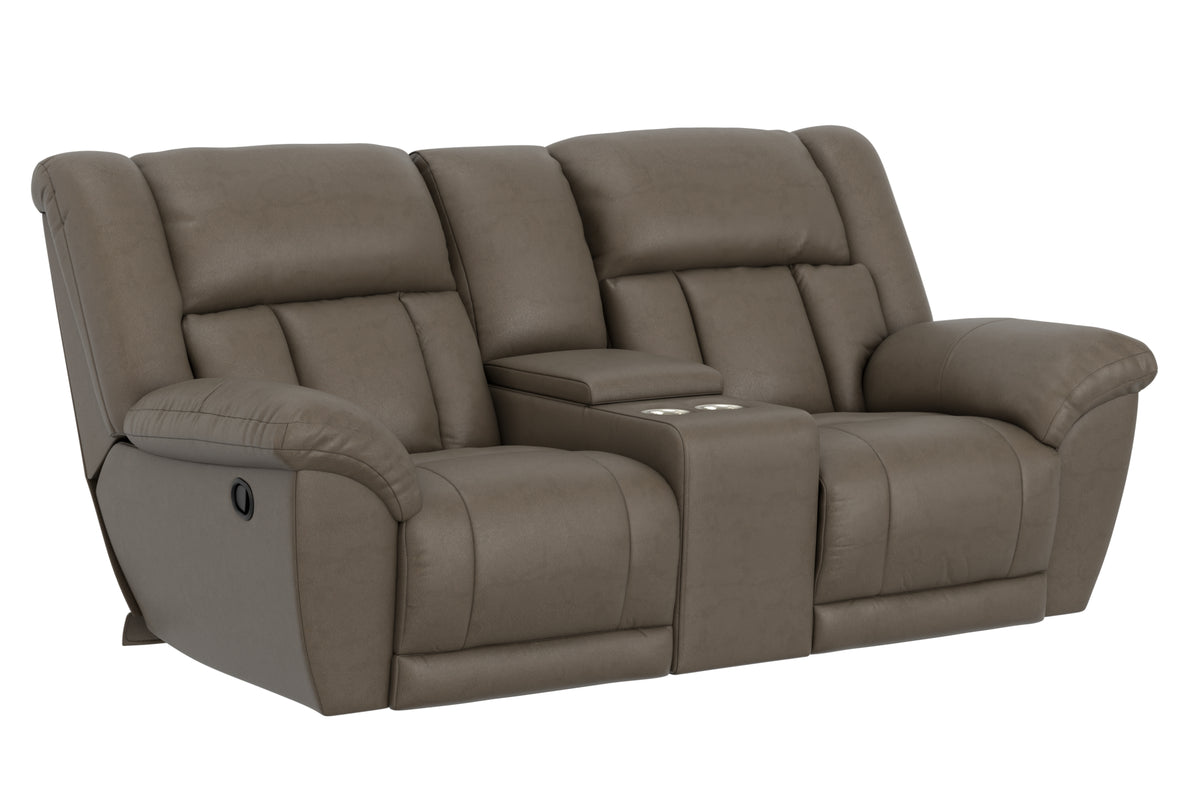 Taupe reclining loveseat with padded armrests and split back cushions