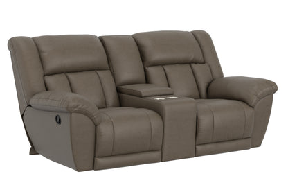 Taupe reclining loveseat with padded armrests and split back cushions