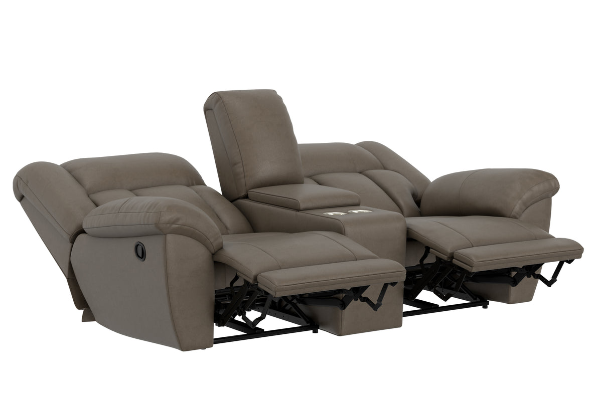 Taupe reclining loveseat with adjustable headrest and pull-out footrests