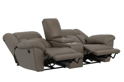 Taupe reclining loveseat with adjustable headrest and pull-out footrests