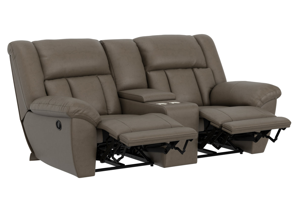 Taupe reclining loveseat with split back cushions and visible reclining mechanism