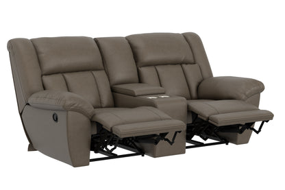 Taupe reclining loveseat with split back cushions and visible reclining mechanism