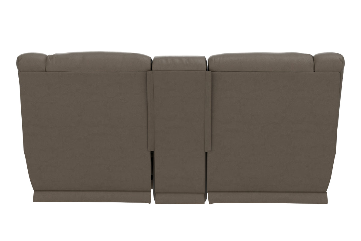 Hugo reclining loveseat in taupe with centered split back and padded armrests