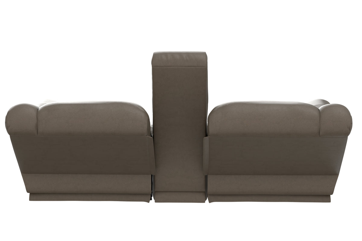 Taupe reclining loveseat with three cushioned seat sections and tall center back