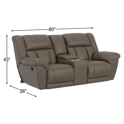 Taupe reclining loveseat, full length view with wide armrests and plush seats