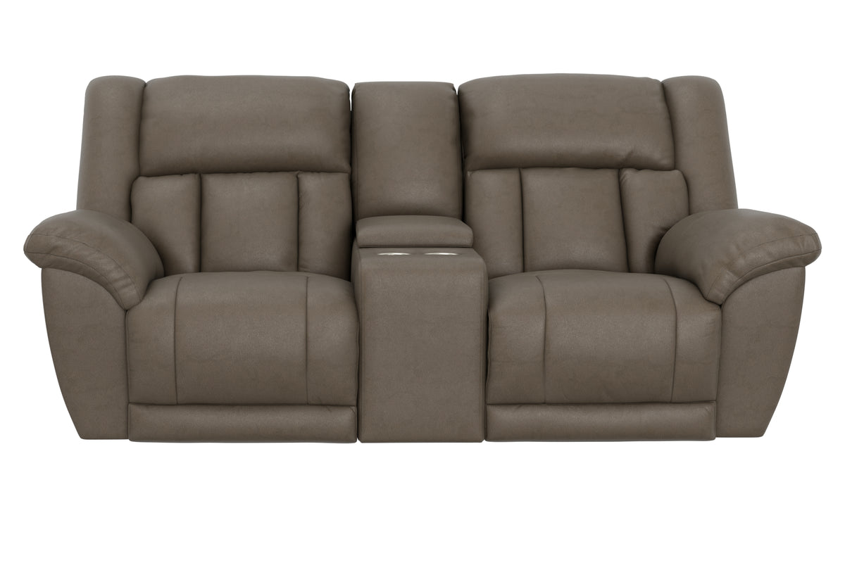 Hugo reclining loveseat in light taupe with wide seat cushions and padded back panels