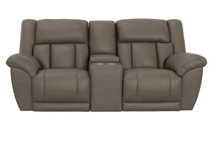 Hugo reclining loveseat in light taupe with wide seat cushions and padded back panels