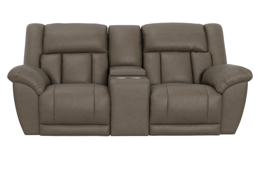 Hugo reclining loveseat in light taupe with wide seat cushions and padded back panels