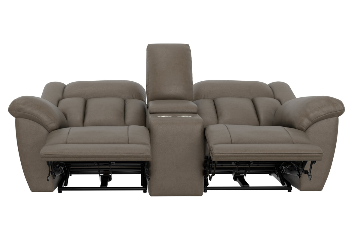 Taupe reclining loveseat, front view with two pull-out footrests and center console