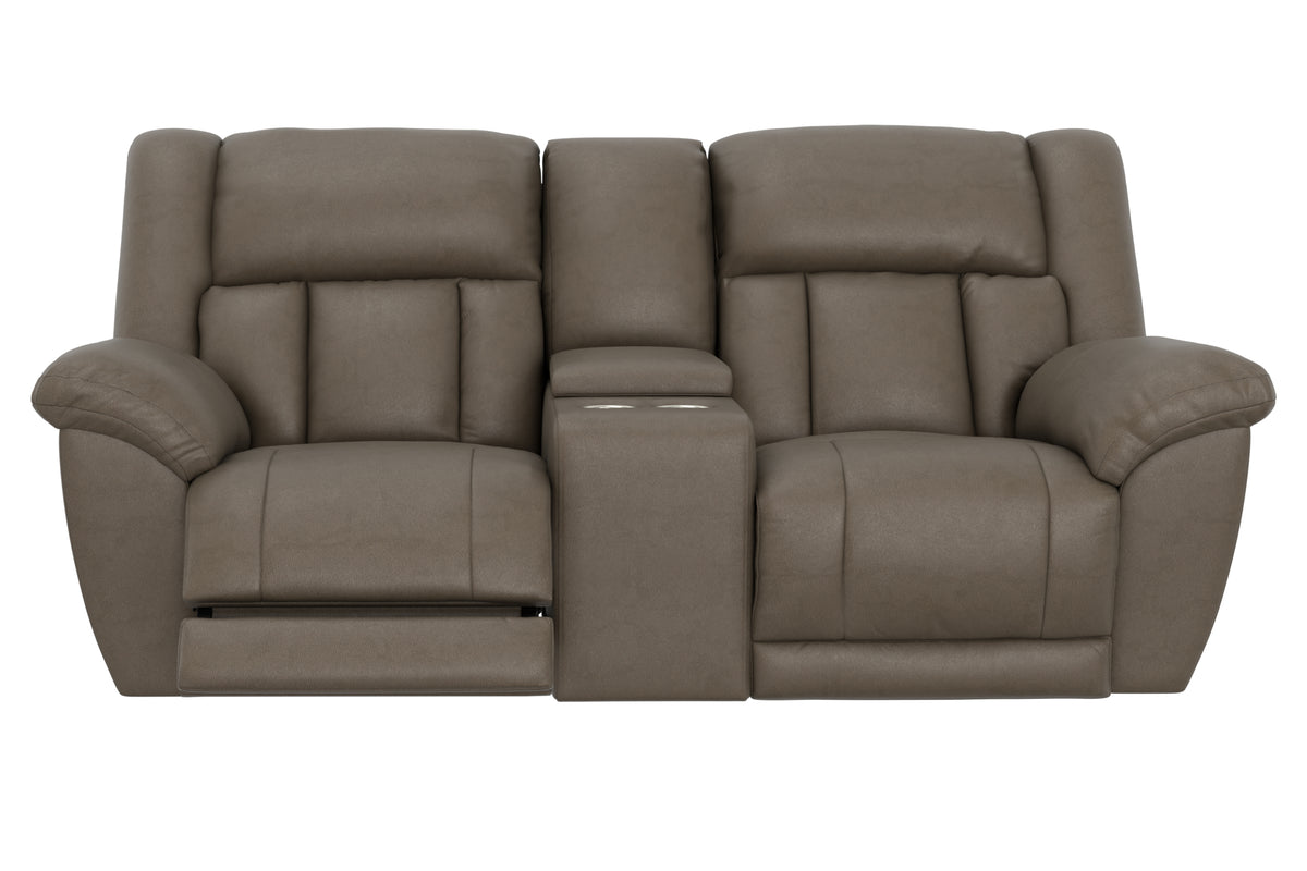 Taupe reclining loveseat, straight-on view with padded headrests and armrests