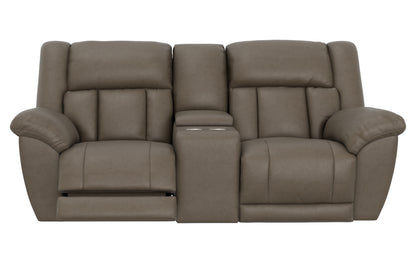 Taupe reclining loveseat, straight-on view with padded headrests and armrests