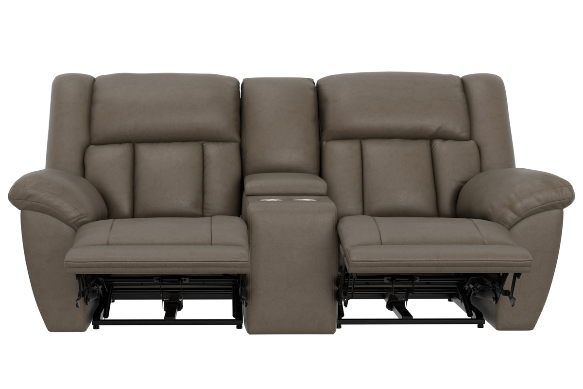 Taupe reclining loveseat, front view with reclining seats and exposed black base frame
