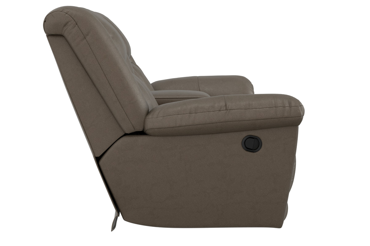 Hugo reclining loveseat in light taupe, side profile with round recline control and armrest