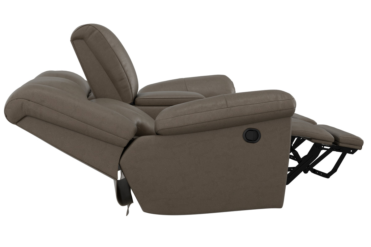 Taupe reclining loveseat in laid-back position with headrest up and side lever