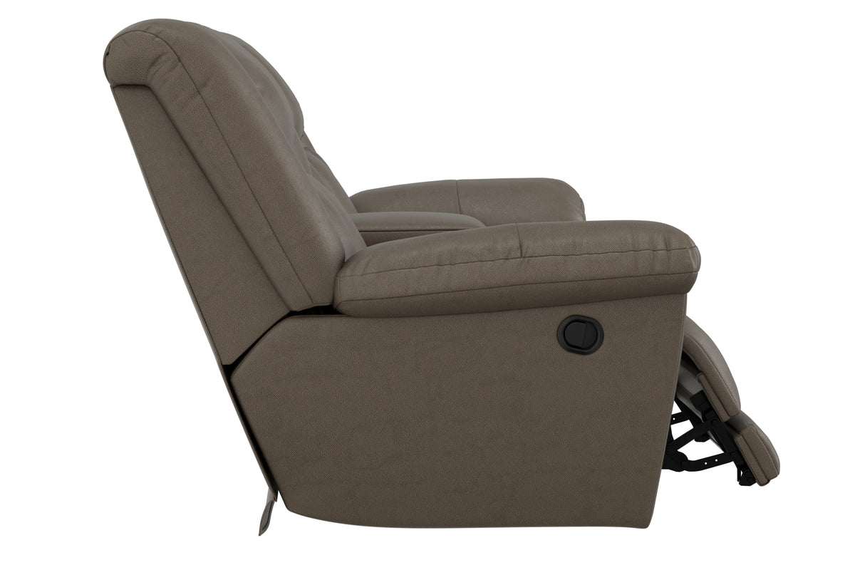Taupe reclining loveseat, angled side view with circular control detail on arm