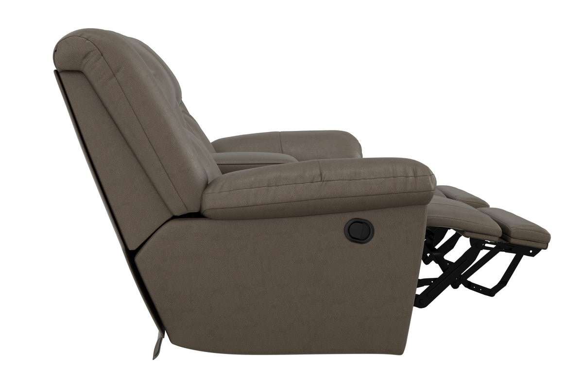 Taupe reclining loveseat, deep recline side view with footrest extended and control knob