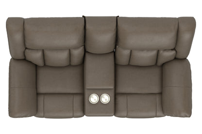 Hugo reclining loveseat in taupe with two round recline buttons on center console