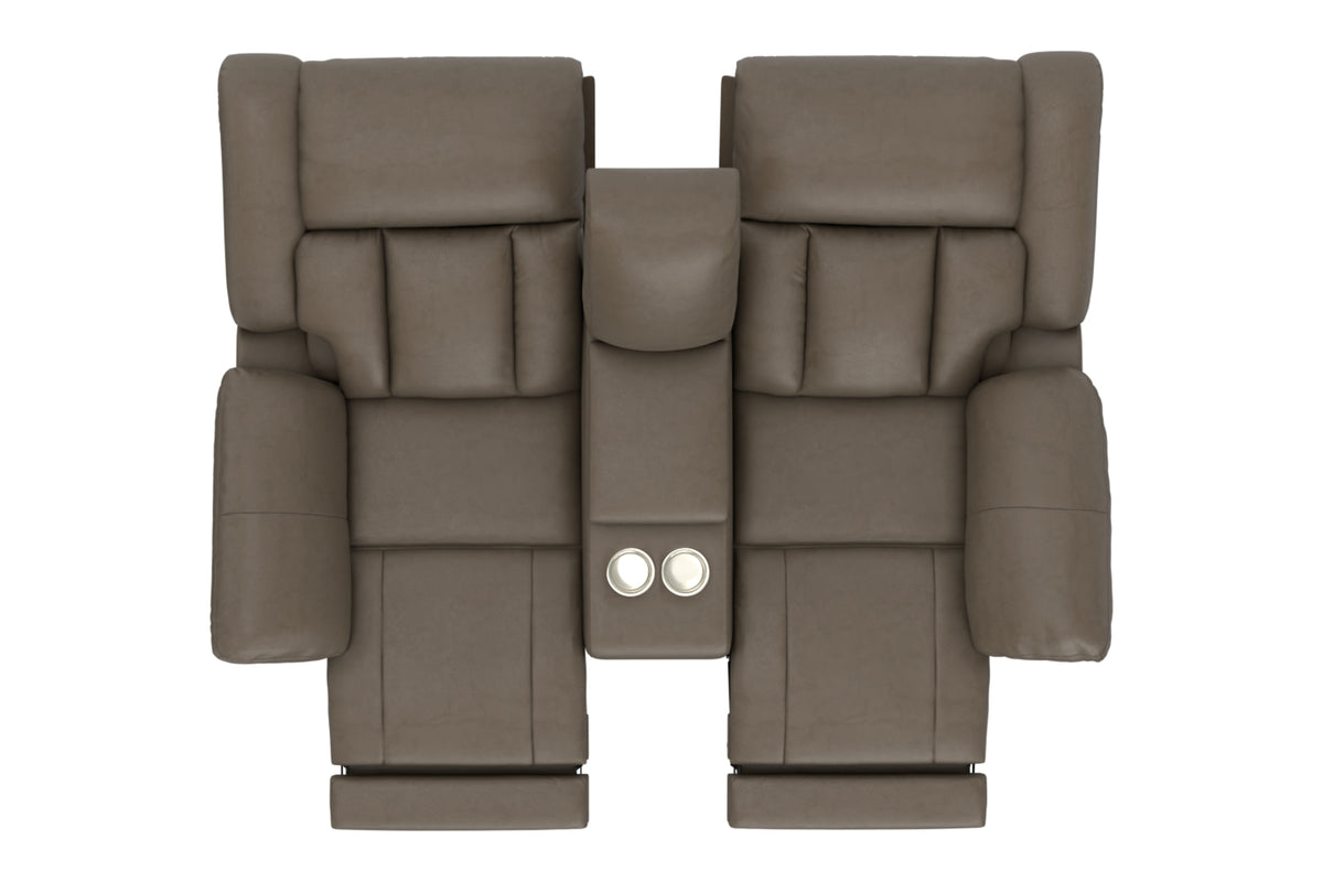 Taupe reclining loveseat with padded armrests and center control console, two seats