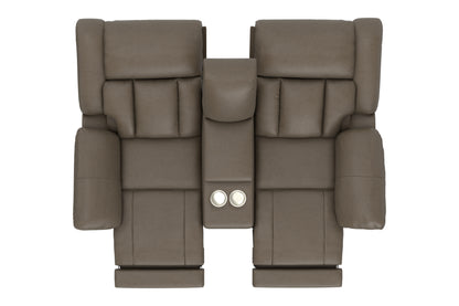 Taupe reclining loveseat with padded armrests and center control console, two seats