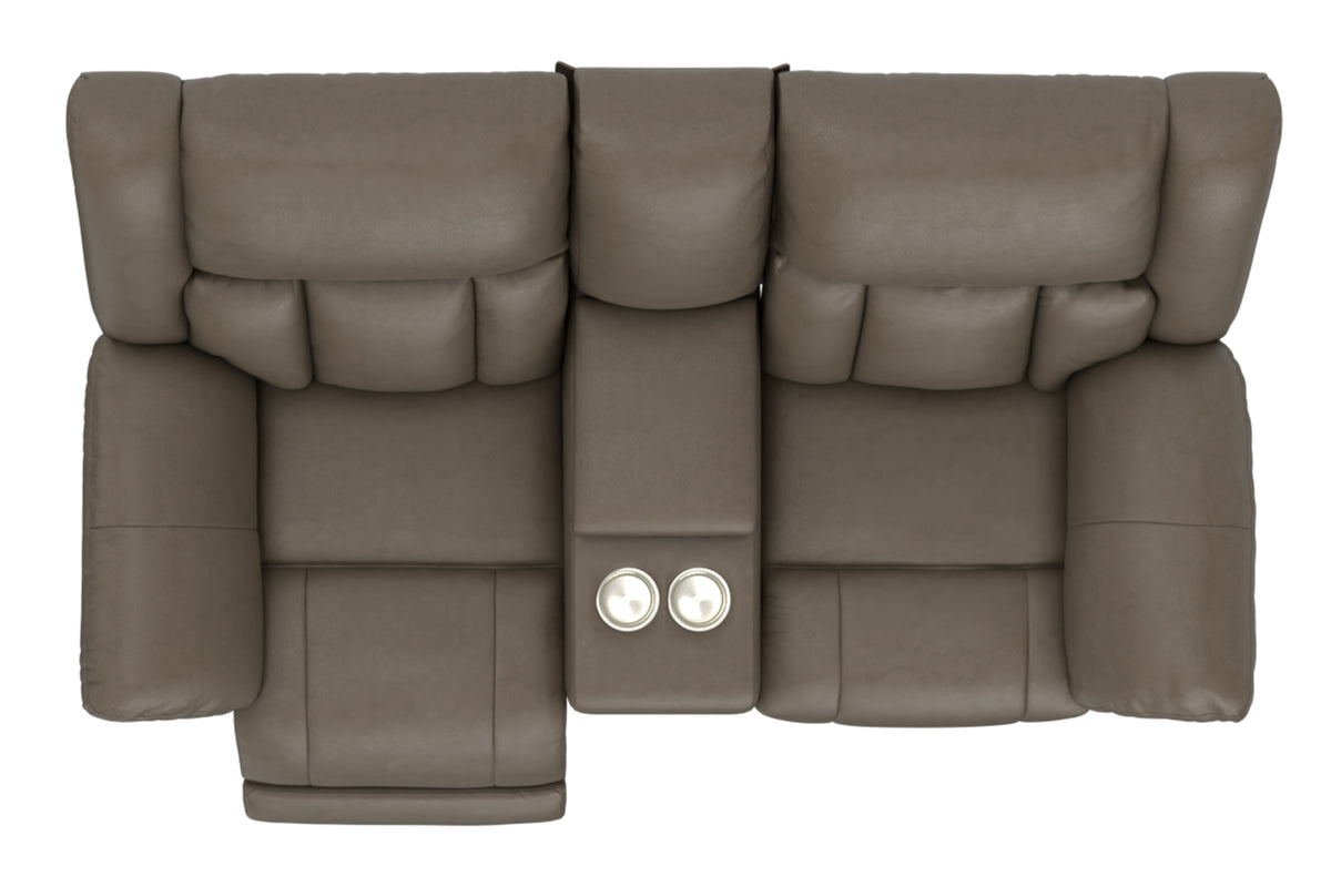 Hugo reclining loveseat in taupe with two armrest recline controls and tufted cushions