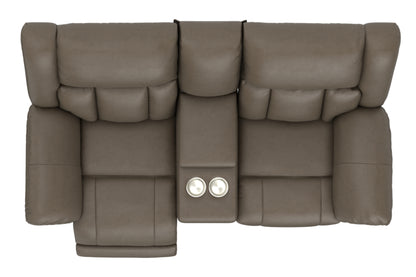Hugo reclining loveseat in taupe with two armrest recline controls and tufted cushions